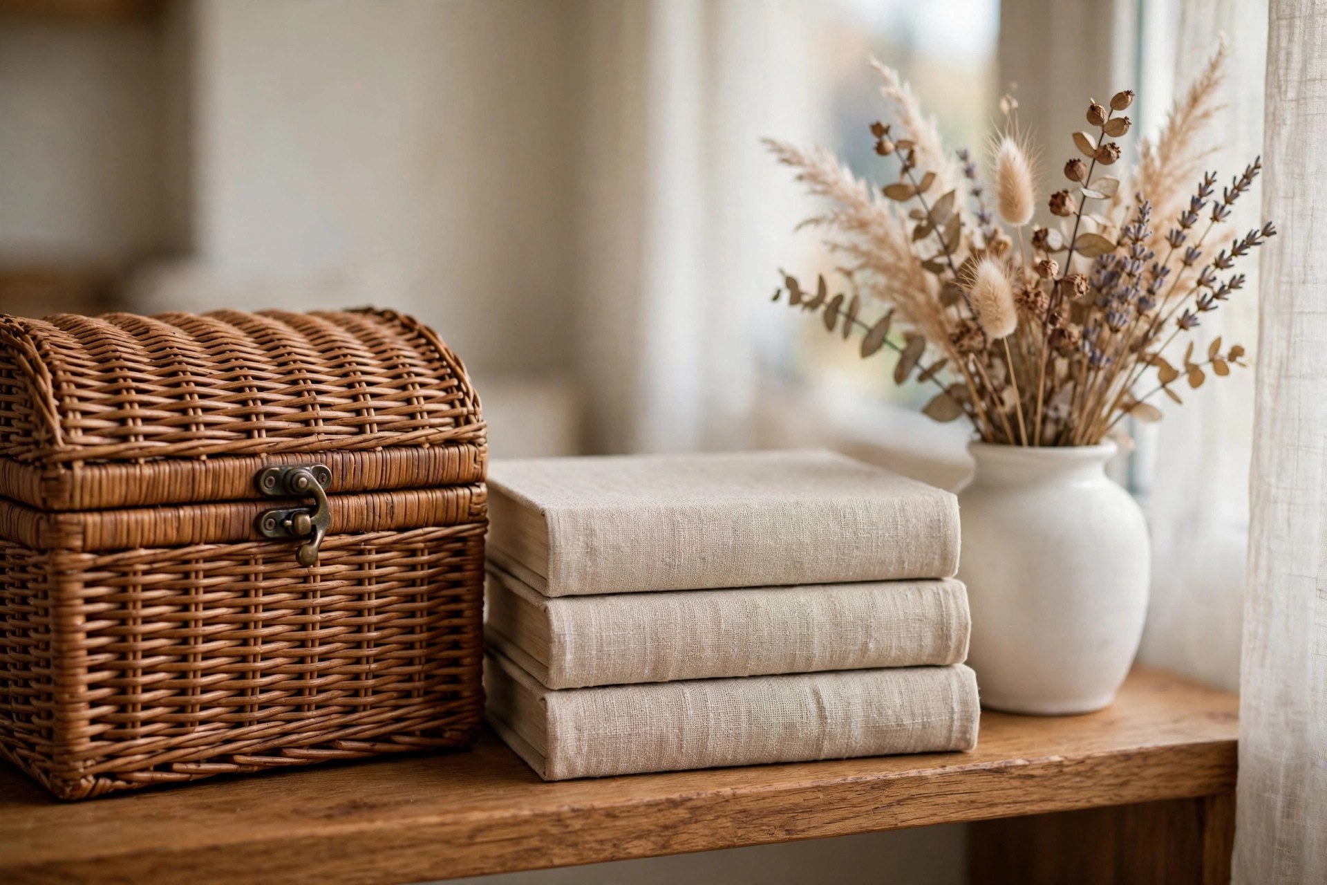 A wicker keepsake box on a wooden shelf beside stacked linen books and a vase of dried flowers, illustrating a decor rotation system