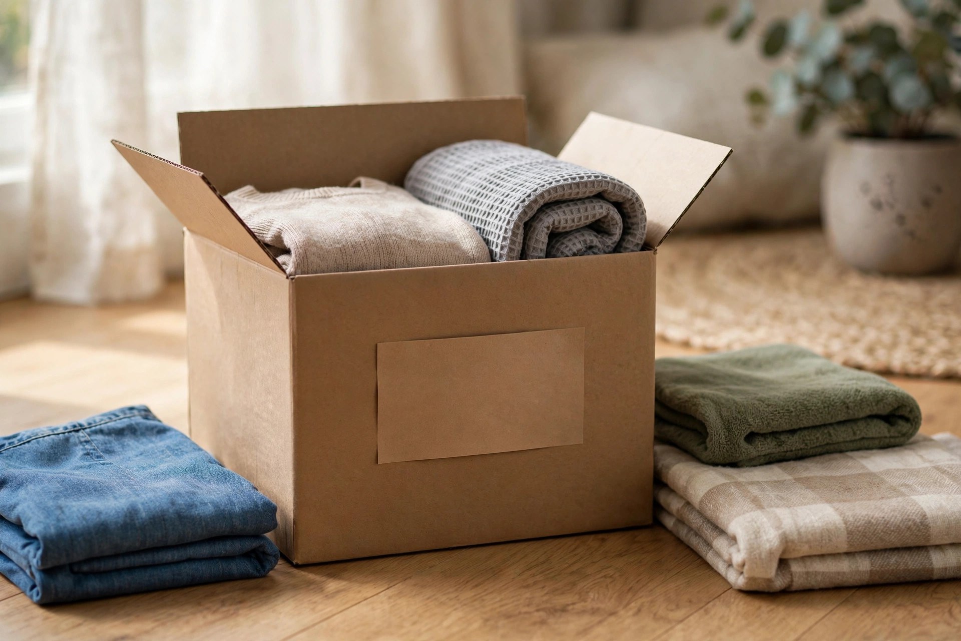 An open donation box with neatly folded clothes being sorted, showing the one-in-one-out habit in action