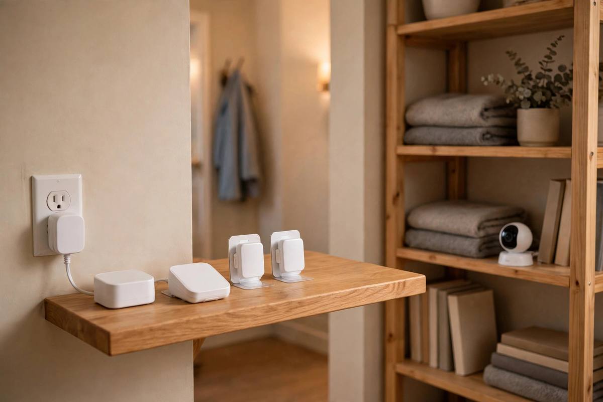 A typical DIY apartment security kit laid out: base station, keypad, entry sensors, motion sensor, and indoor camera