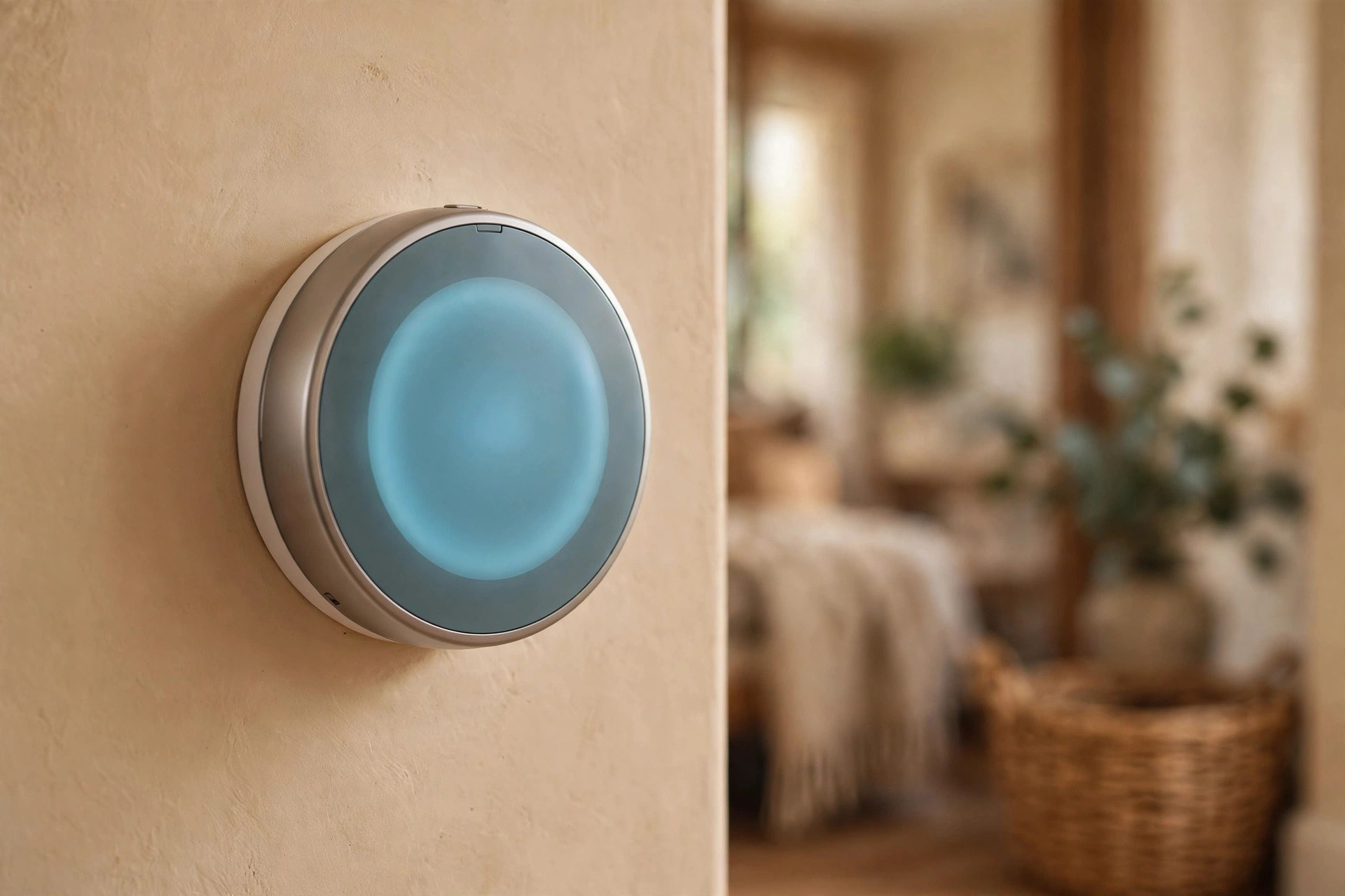 A smart thermostat on a hallway wall showing a warm, comfortable temperature setting
