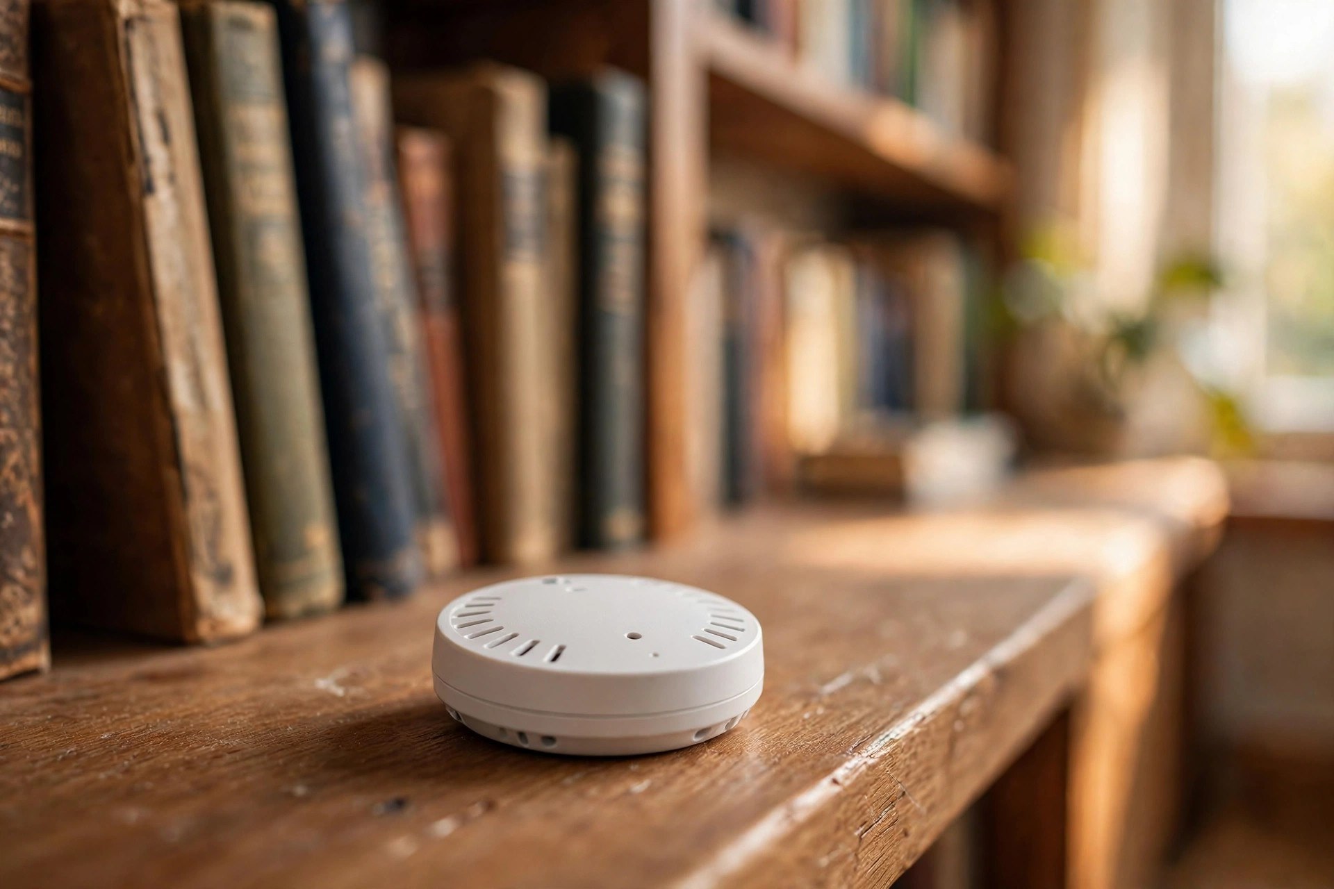 A small round room sensor sitting on a bookshelf in a cozy living room