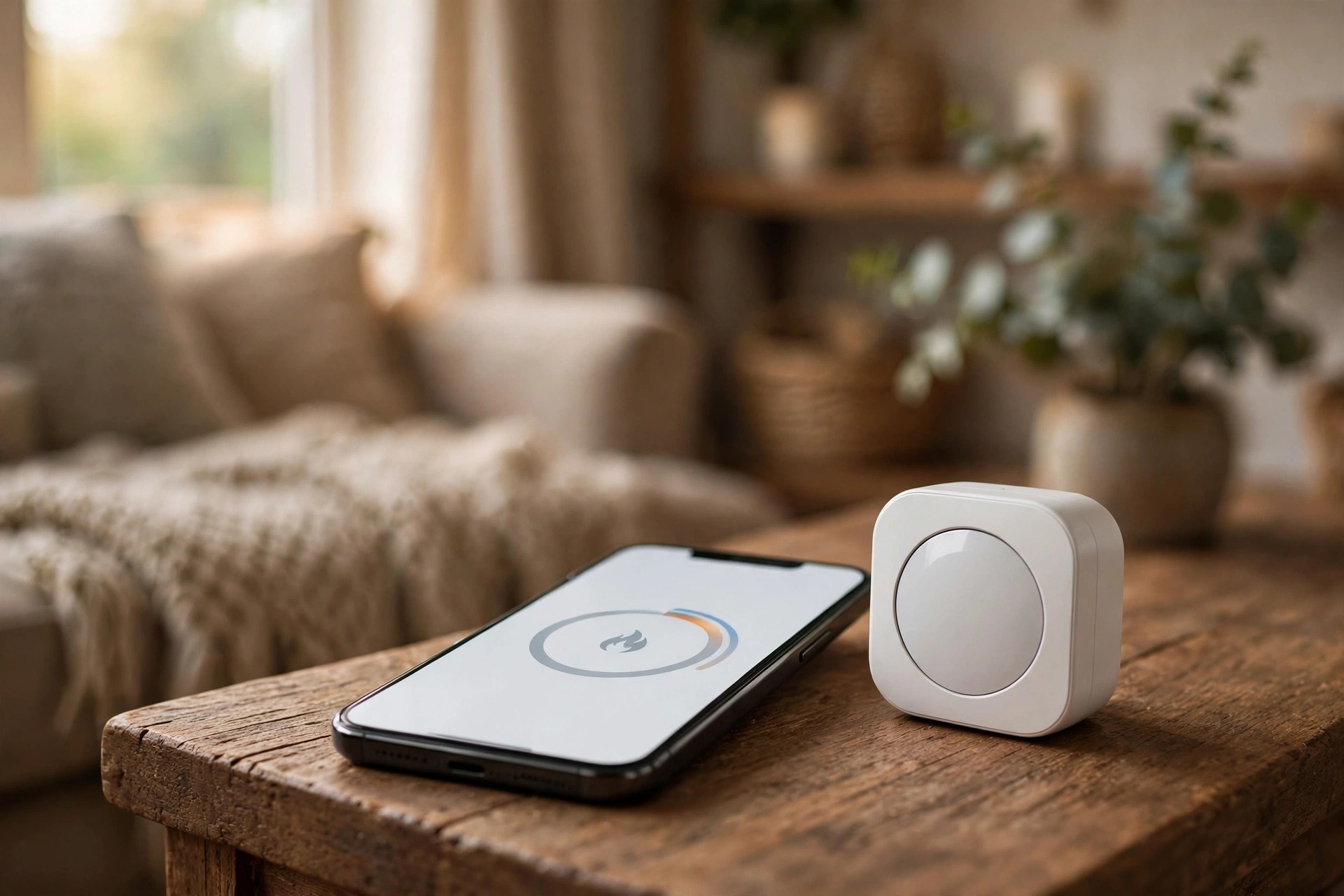A hand adjusting a thermostat schedule on a smartphone app in a warm living room