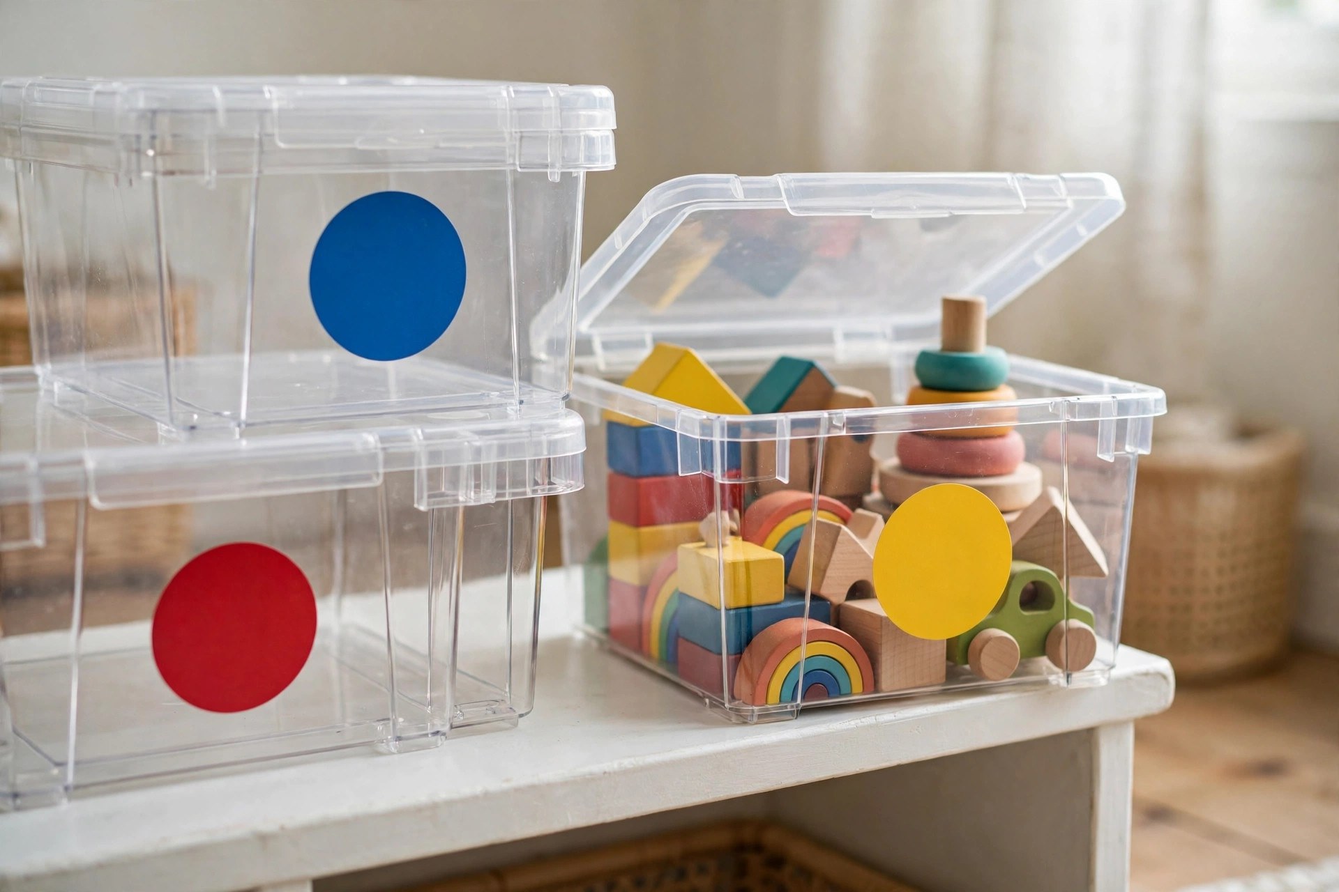 Clear storage bins with color dot stickers for toy rotation