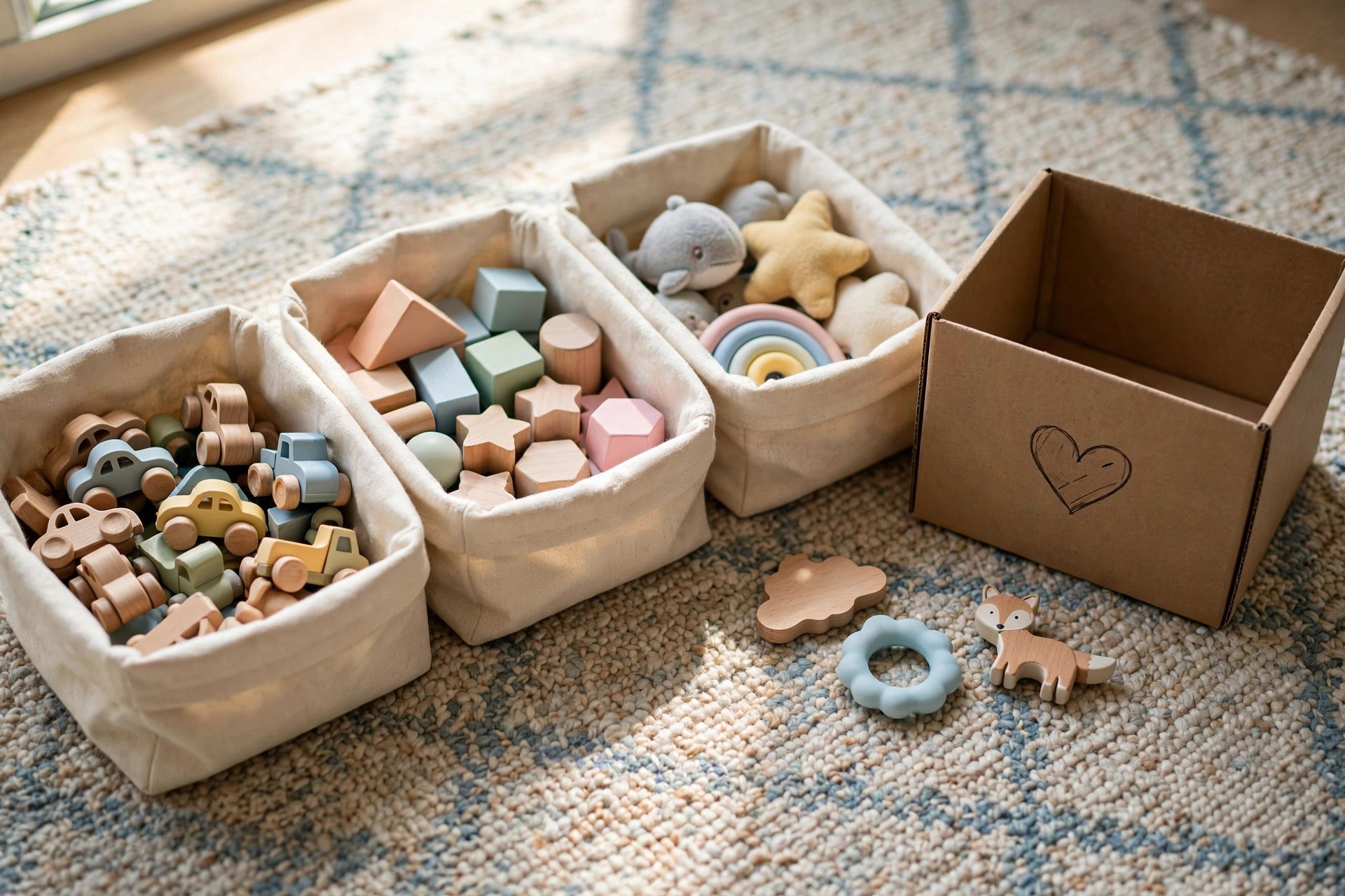 Sorted toy piles in baskets with a donation box