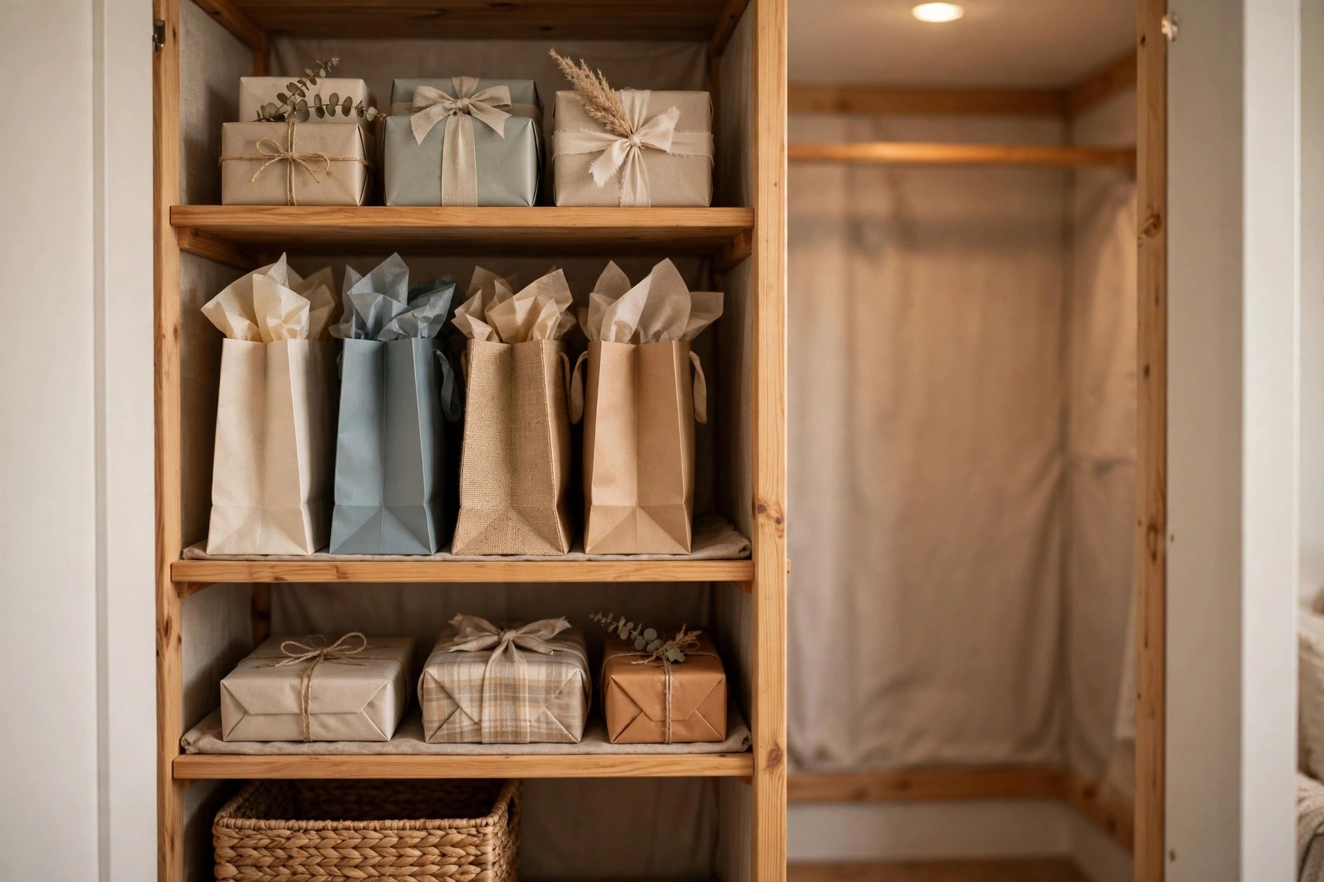 A tidy gift closet shelf with wrapped presents and gift bags organized for future giving
