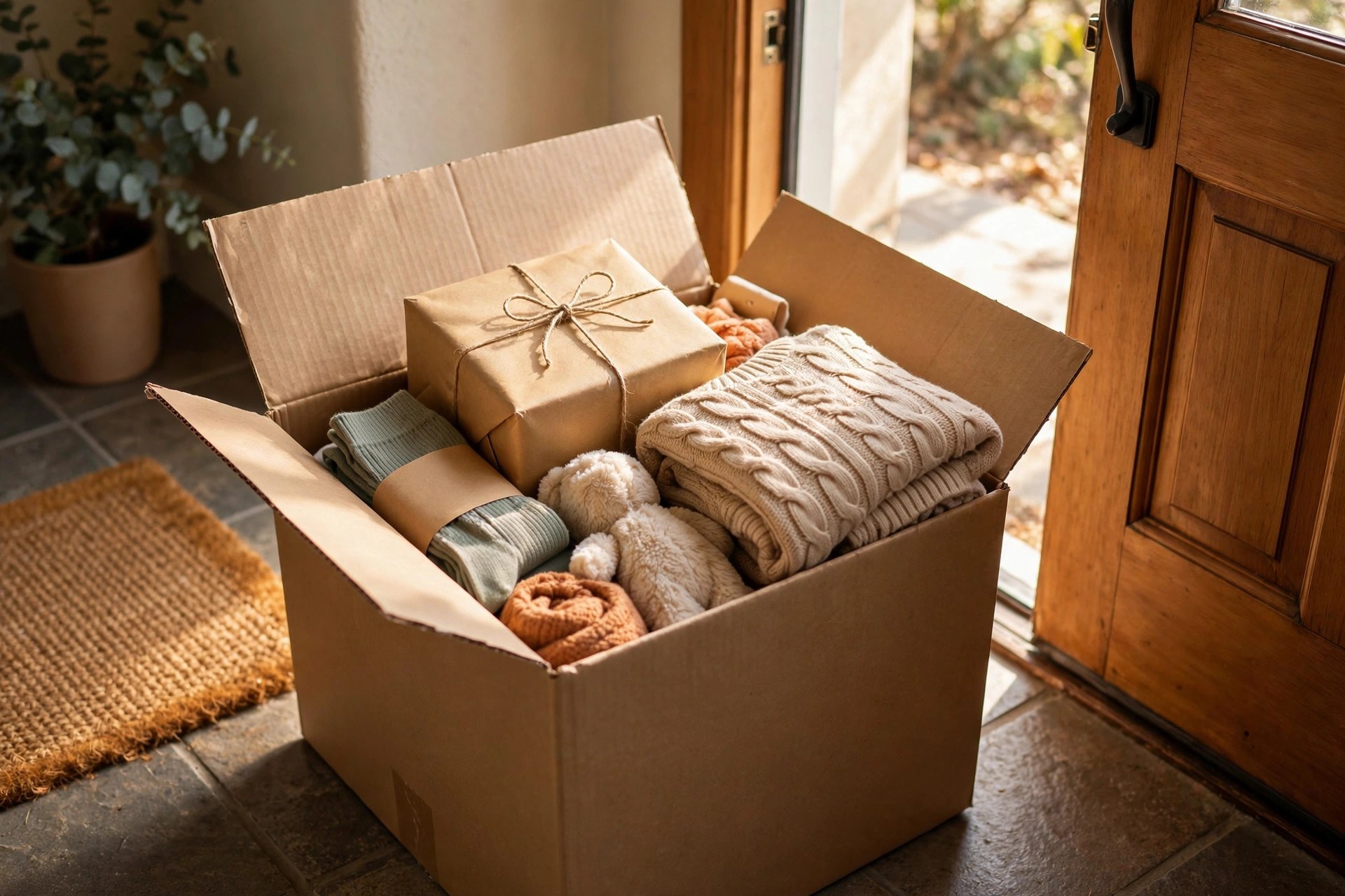A donation box filled with new unused gift items ready for drop-off at a charity