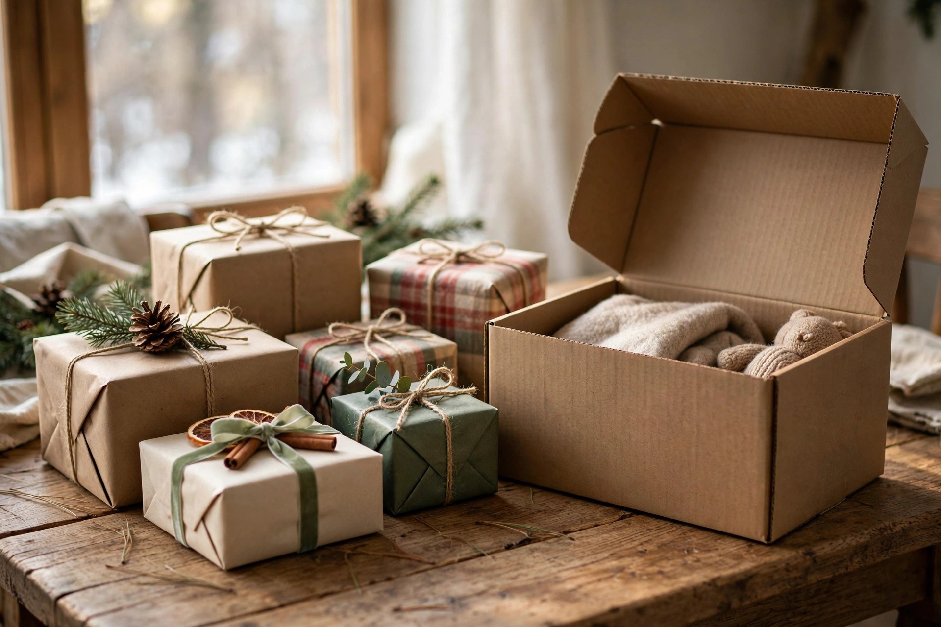 Wrapped gifts arranged beside a donation box on a table in warm natural light
