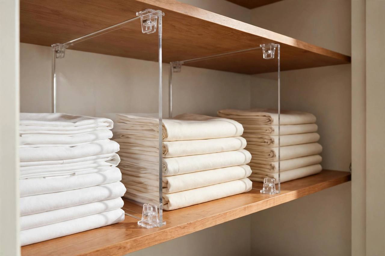 Clear acrylic shelf dividers clip onto a deep shelf and hold folded sheet sets in three tidy columns, so nothing avalanches sideways
