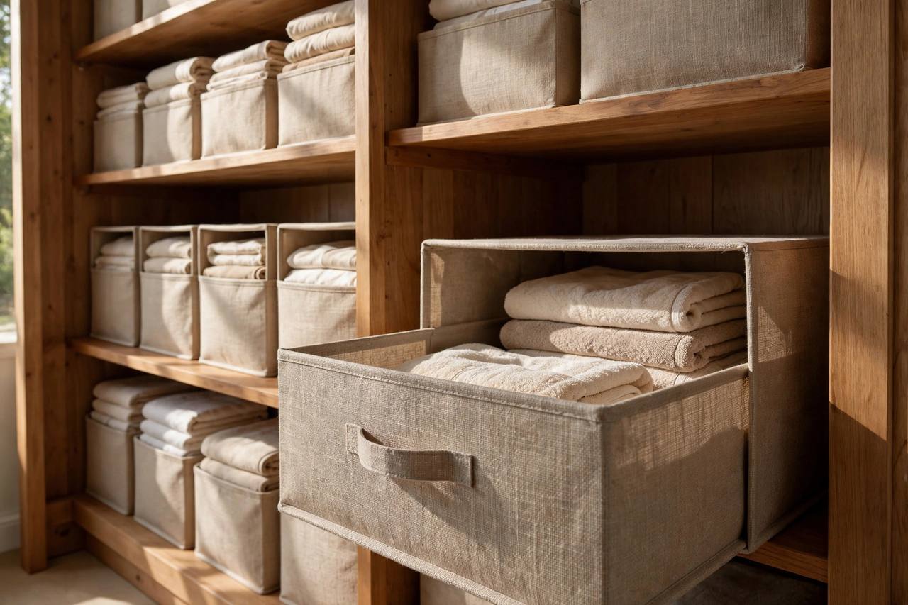 A fabric storage bin pulled halfway out of a deep shelf like a drawer, with folded towels inside and matching bins lined up behind it
