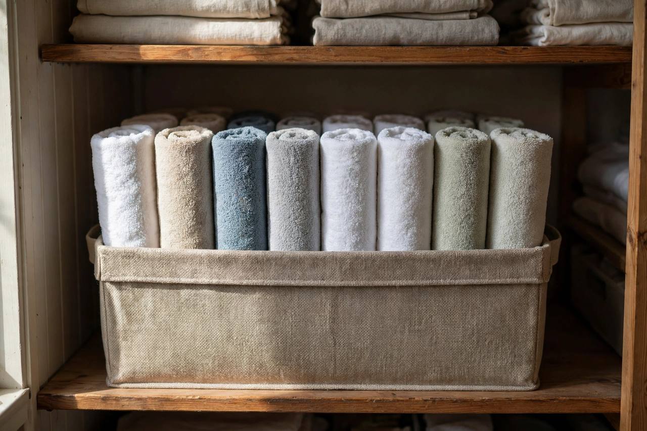 Rolled towels standing upright in a bin like files, so every roll is visible from the front and the folded-stack lean never starts