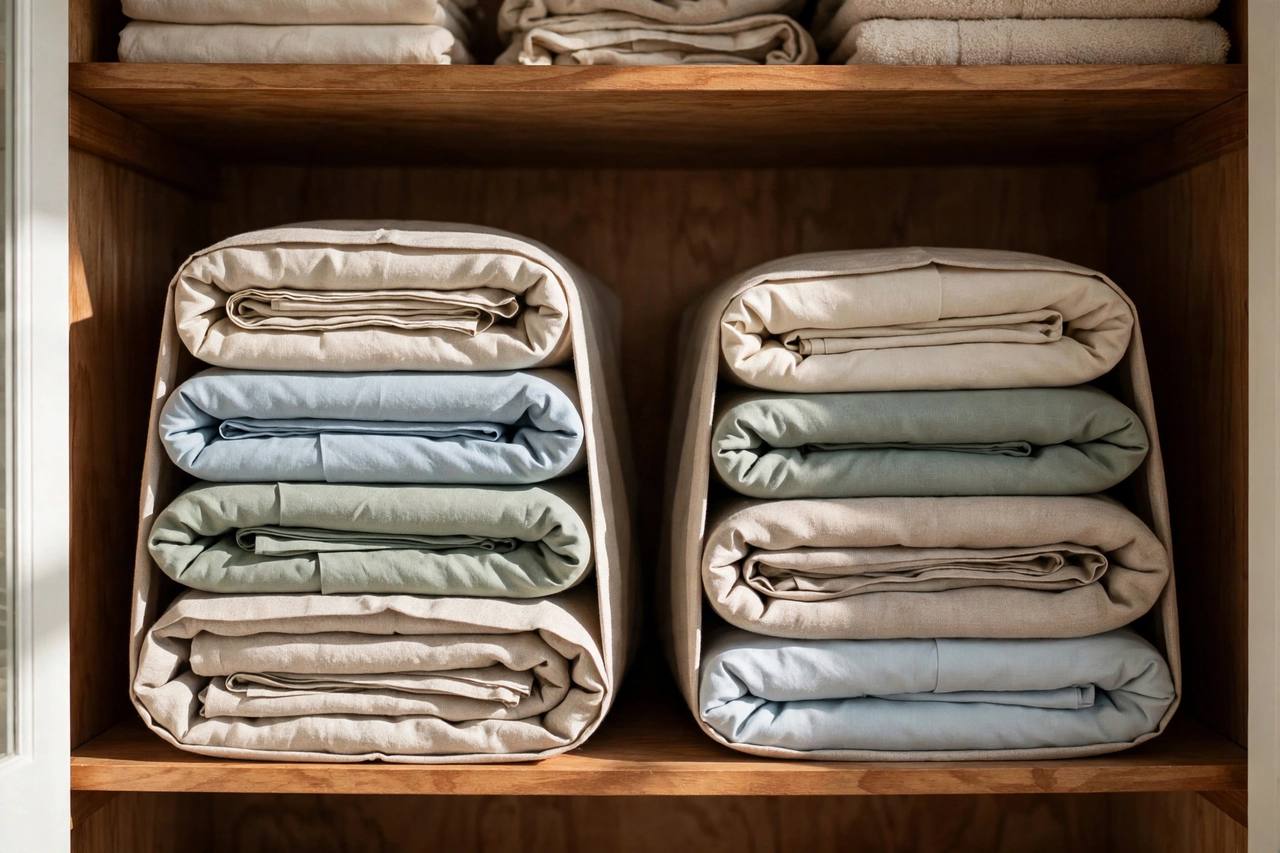 Each sheet set folded and tucked inside its own pillowcase, so a complete set pulls out as one neat package