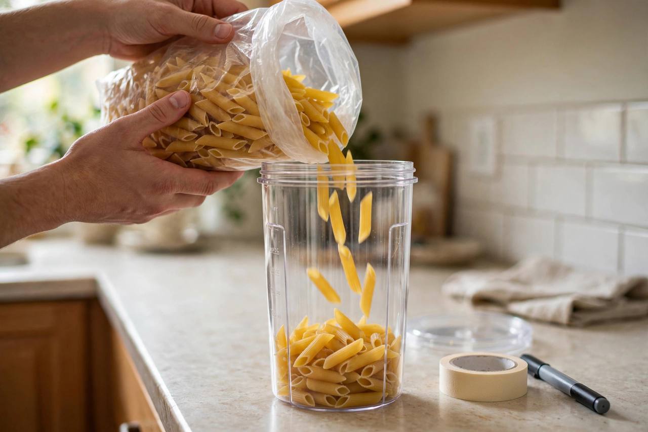 Pouring pasta from its bag into a tall clear container, with painter's tape and a marker ready for labeling