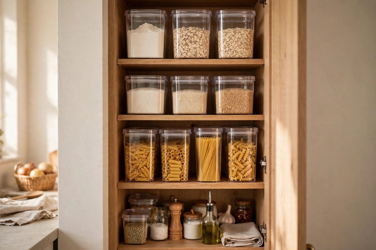 Decanted dry goods arranged by zone in a narrow pantry cabinet, with everyday items at eye level