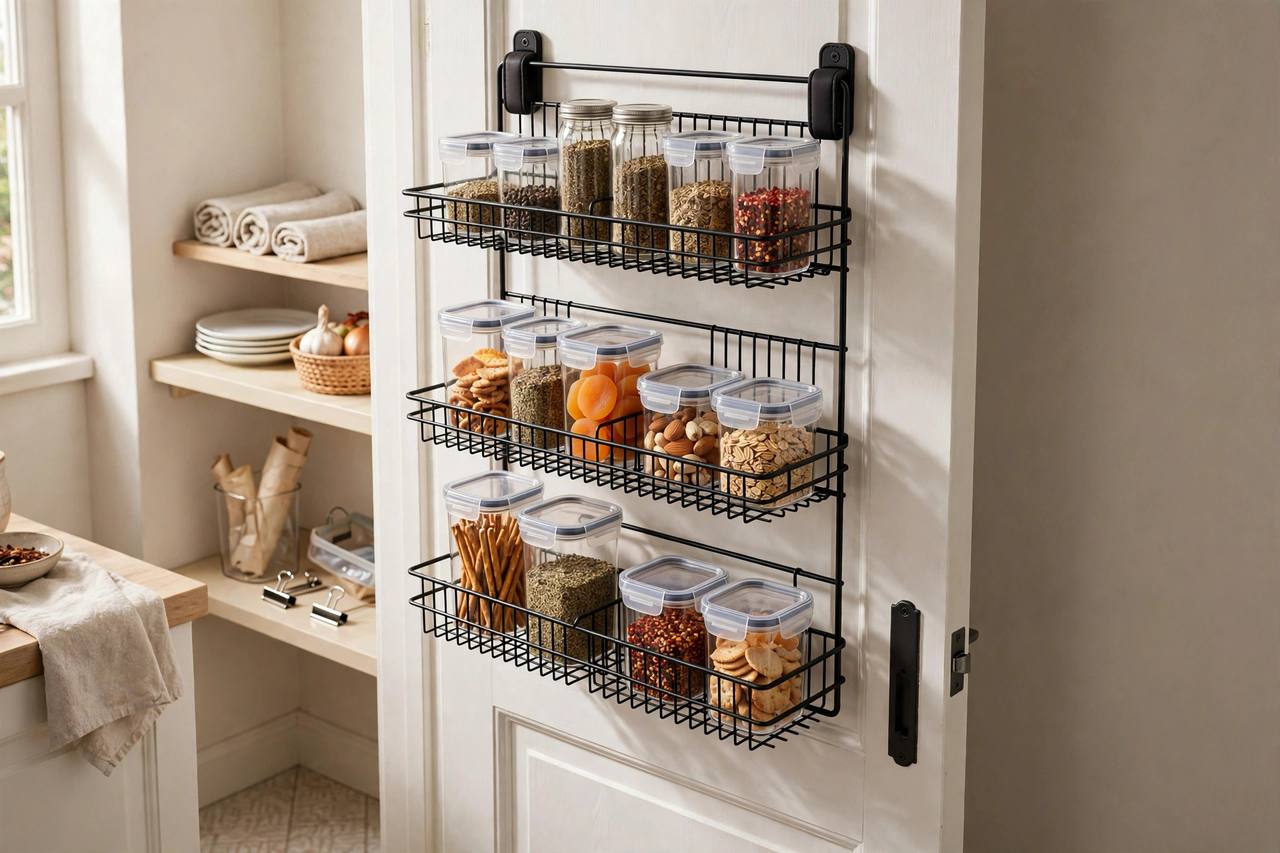 An over-the-door rack holding small containers and jars, reclaiming a full extra row of storage