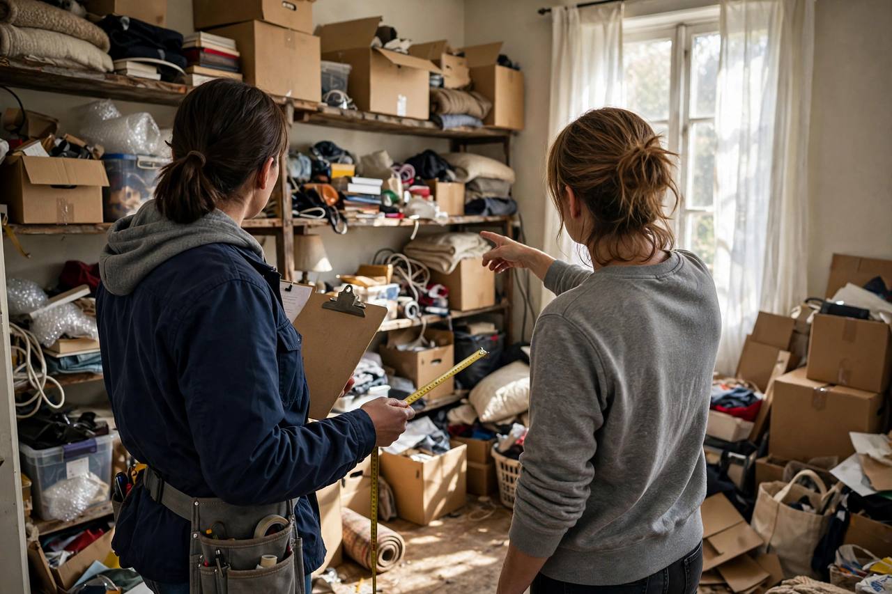 A paid consultation in action: the organizer walks your actual clutter with a clipboard and tape measure before giving a firm quote