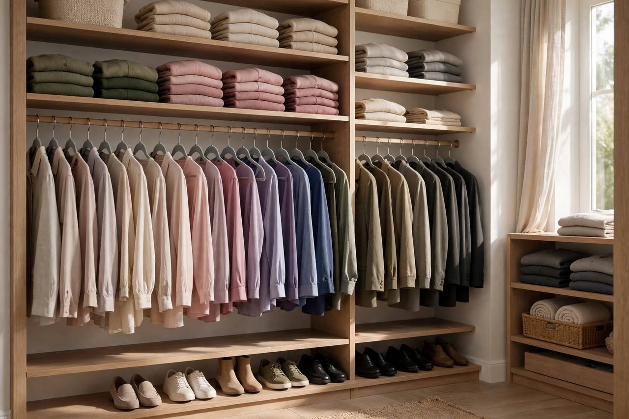 This is what a $300 to $600 closet project buys: matching hangers, color grouping, and every shoe in its place