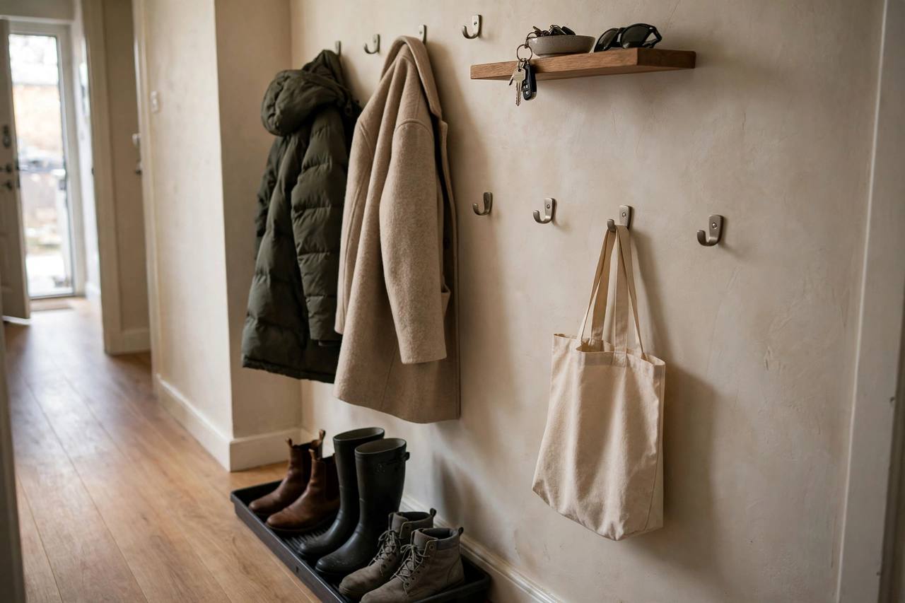 A hallway wall station in action: adhesive hooks at two heights holding coats and a bag, a boot tray below, and a small shelf with a key dish and sunglasses