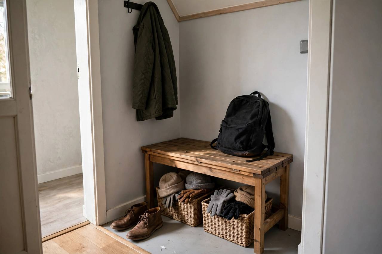 A compact storage bench in an entryway corner, with woven baskets of hats and gloves underneath, a backpack on top, and shoes tucked beside it