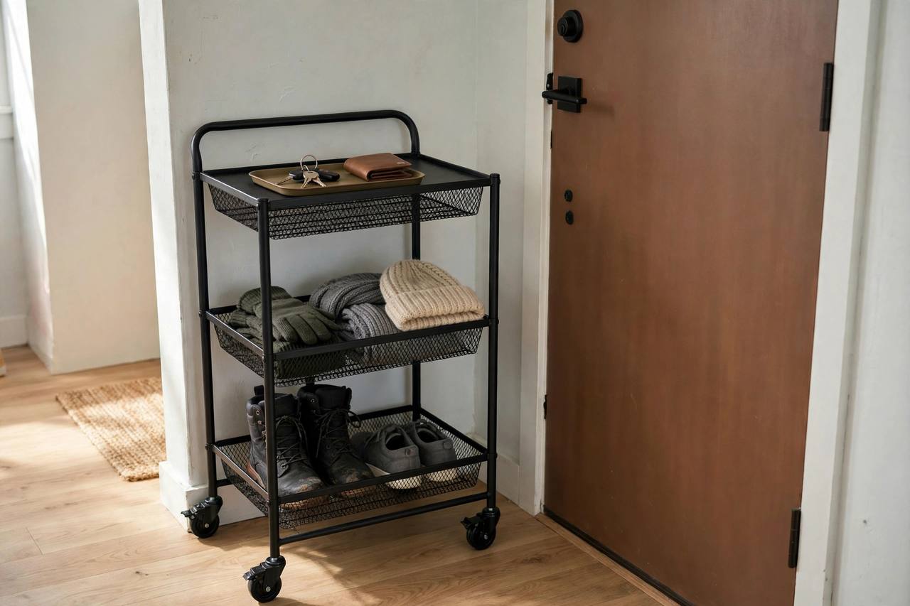A 3-tier rolling cart by the front door serving as a portable mudroom: tray with keys and wallet on top, winter accessories in the middle, shoes on the bottom tier