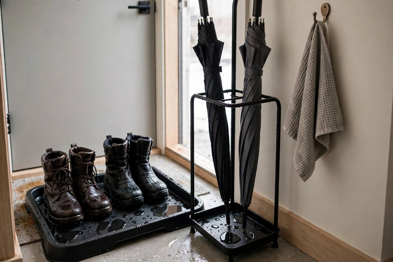 A wet winter gear setup: boot tray with a raised lip catching meltwater, umbrella stand with a drip tray, and a towel hook nearby for quick wipe-downs