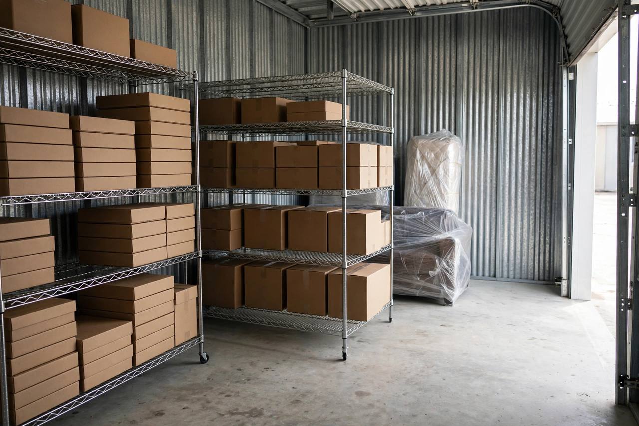 A neatly packed unit with labeled boxes on sturdy shelving and wrapped furniture: the standard to aim for when you pay for climate control