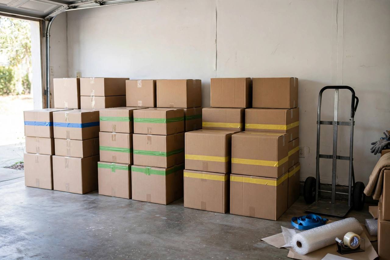 Grouped and color-coded moving boxes staged in a garage before loading: sorting by room now saves hours on moving day