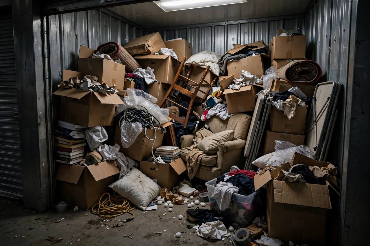A unit packed with no plan: this is what expensive procrastination looks like, roughly $1,500 a year to store clutter you cannot reach