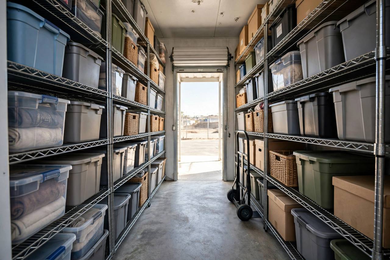 A small unit packed floor to ceiling with labeled bins on tall shelving: use vertical space so everything stays reachable without unpacking
